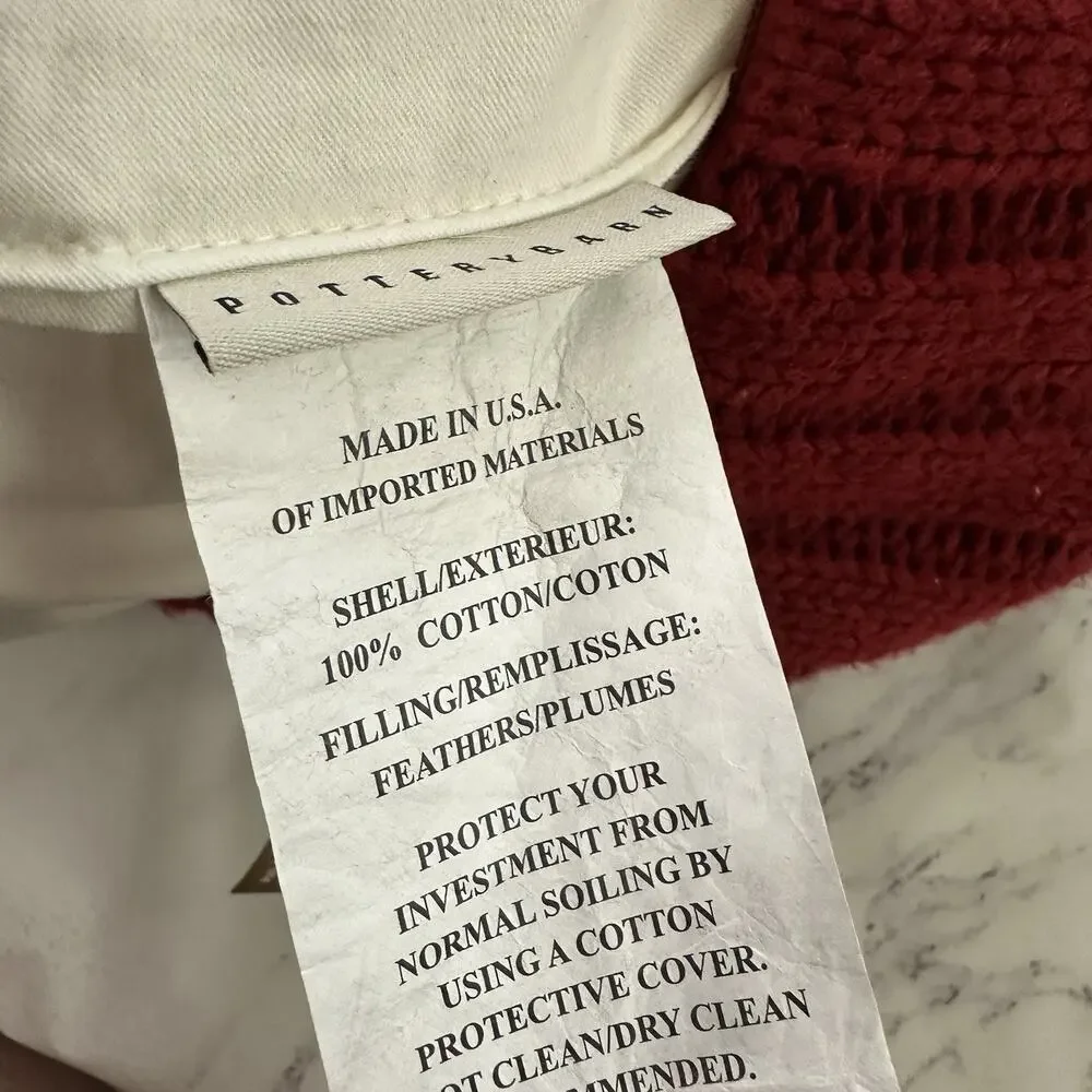 Pottery Barn Sweater Knit Throw Pillow New Red Cover Down Fill Insert 20x20